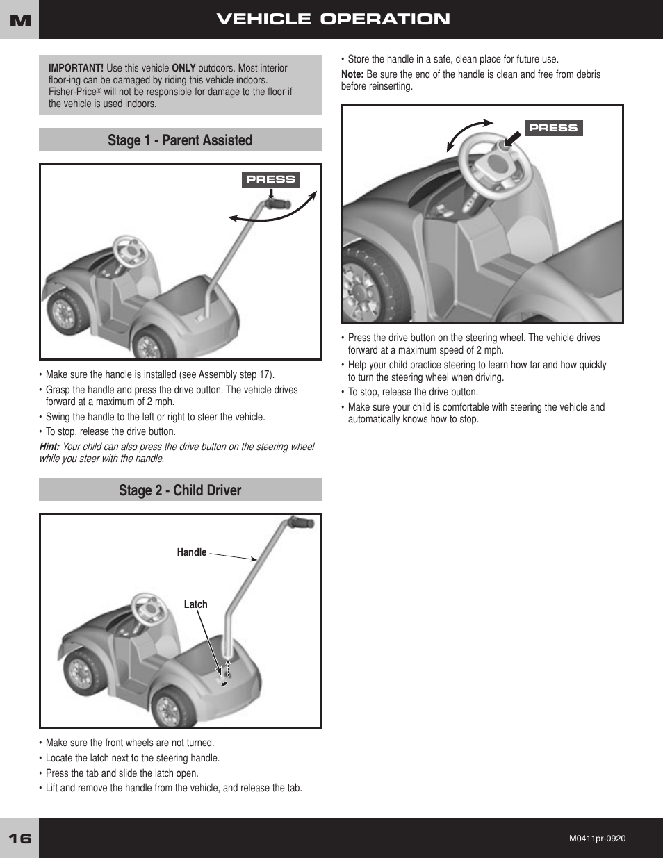 Stage 1 - parent assisted stage 2 - child driver, Vehicle operation | Fisher-Price M0411 User Manual | Page 16 / 20