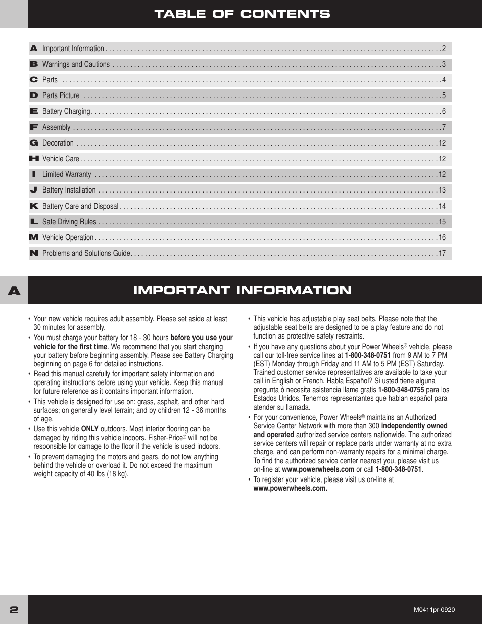 Important information table of contents | Fisher-Price M0411 User Manual | Page 2 / 20