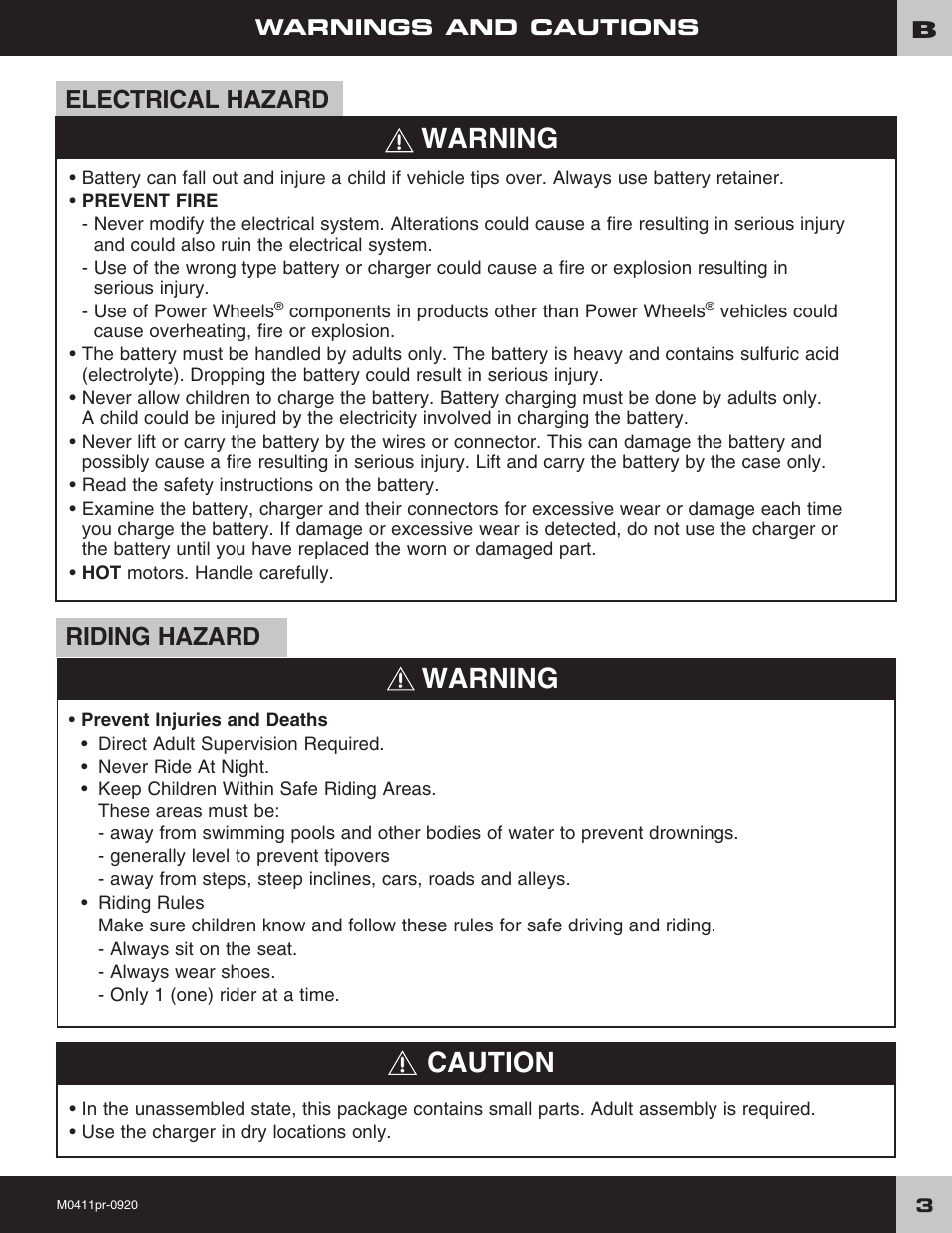 Warning caution, Warning, Electrical hazard | Riding hazard | Fisher-Price M0411 User Manual | Page 3 / 20