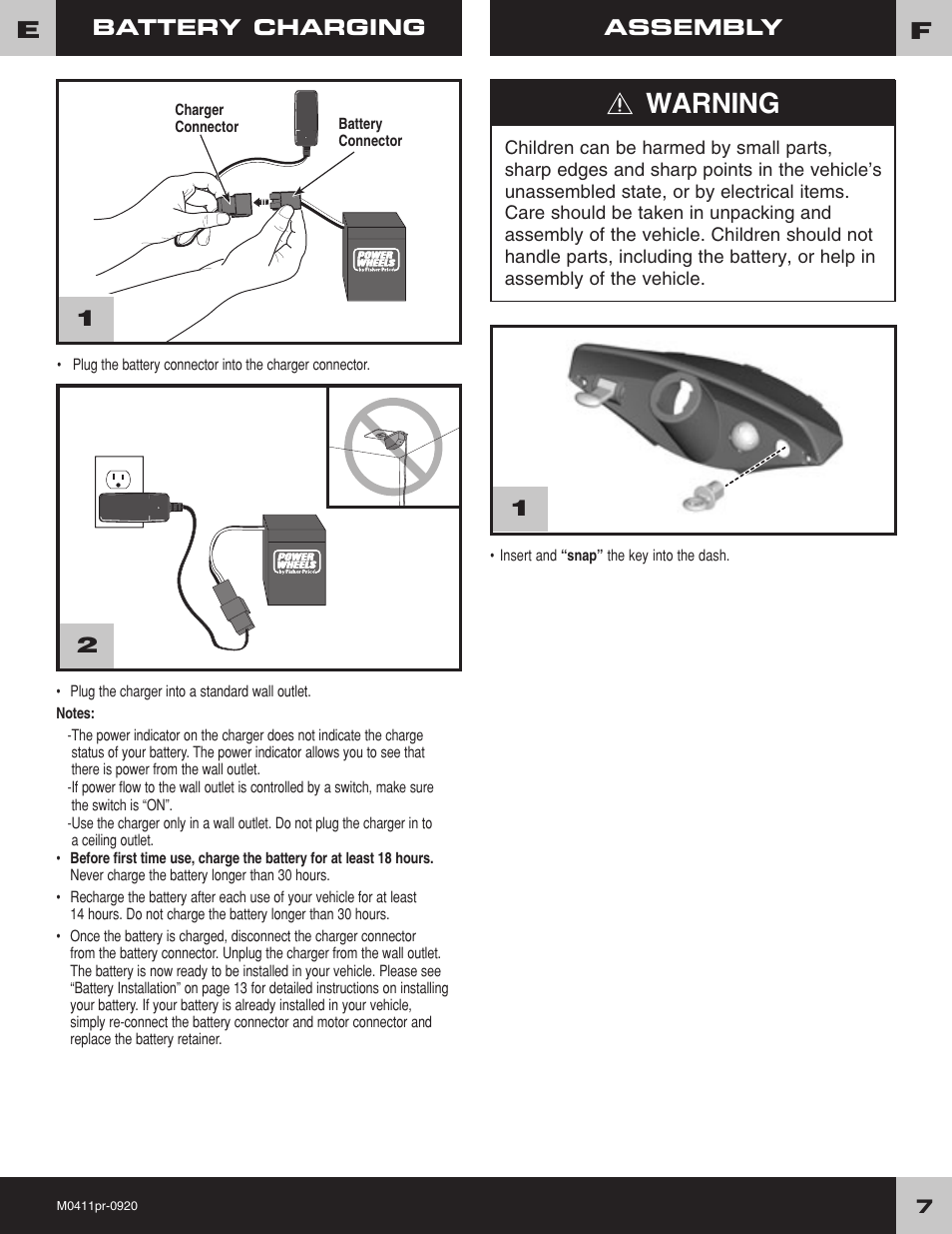 Warning, Assembly, Battery charging 2 1 | Fisher-Price M0411 User Manual | Page 7 / 20