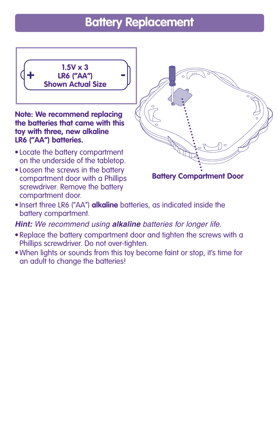 Battery replacement | Fisher-Price LEARNING TABLE G2808 User Manual | Page 4 / 8