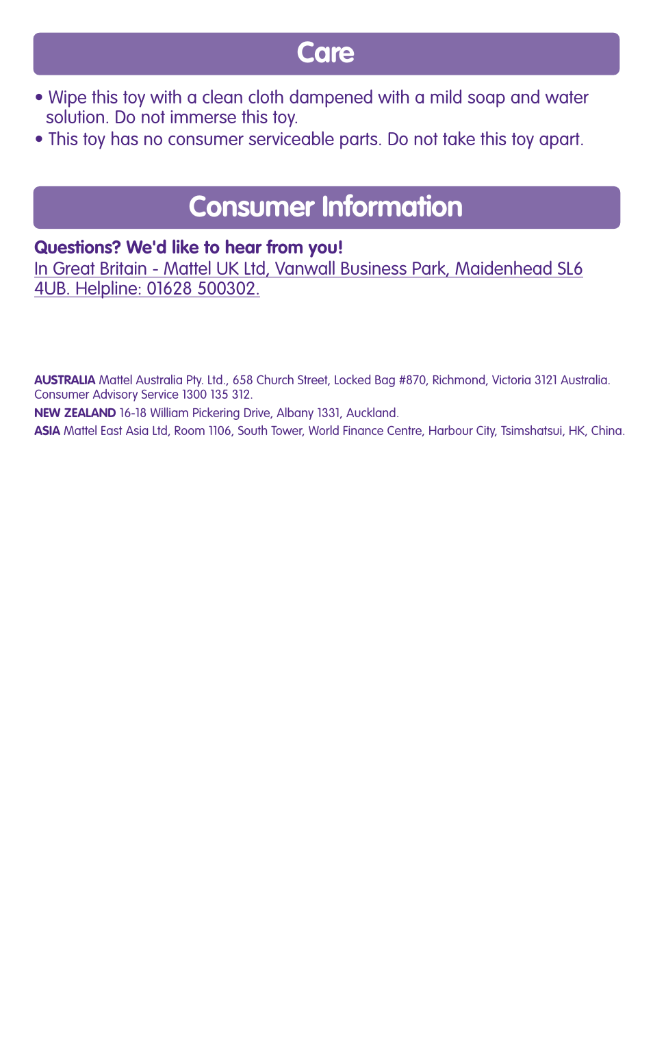 Care, Consumer information | Fisher-Price LEARNING TABLE G2808 User Manual | Page 7 / 8