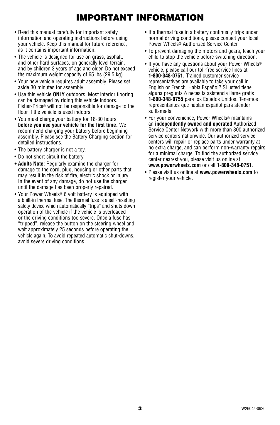 Important information | Fisher-Price Disney PIXAR Cars 2 Lighting McQueen W2604 User Manual | Page 3 / 20