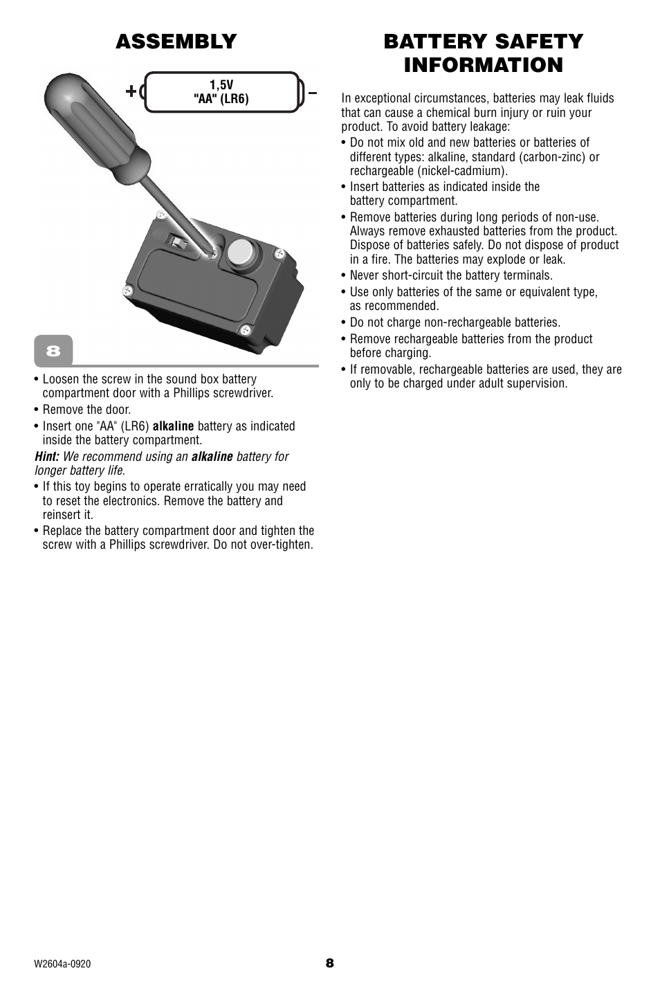 Assembly battery safety information | Fisher-Price Disney PIXAR Cars 2 Lighting McQueen W2604 User Manual | Page 8 / 20
