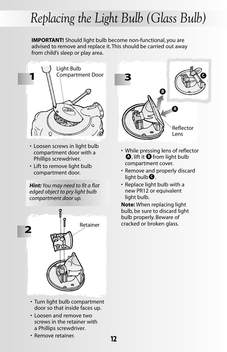Replacing the light bulb (glass bulb) | Fisher-Price SOOTHING DREAMS 71597 User Manual | Page 12 / 20