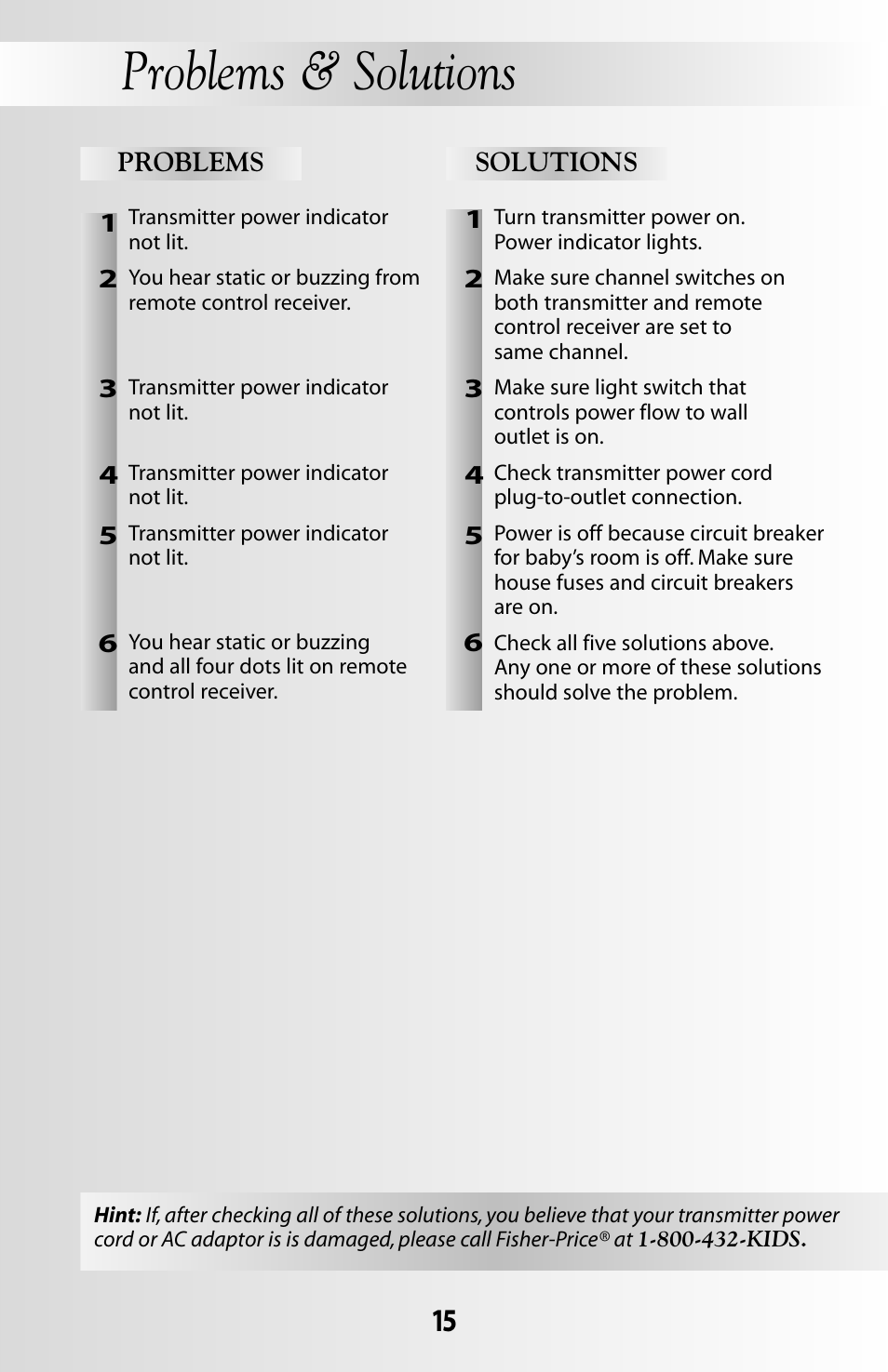 Problems & solutions | Fisher-Price SOOTHING DREAMS 71597 User Manual | Page 15 / 20