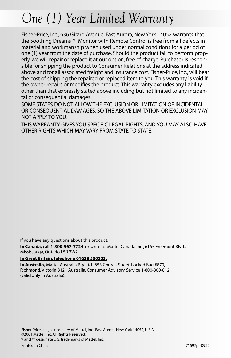 One (1) year limited warranty | Fisher-Price SOOTHING DREAMS 71597 User Manual | Page 20 / 20