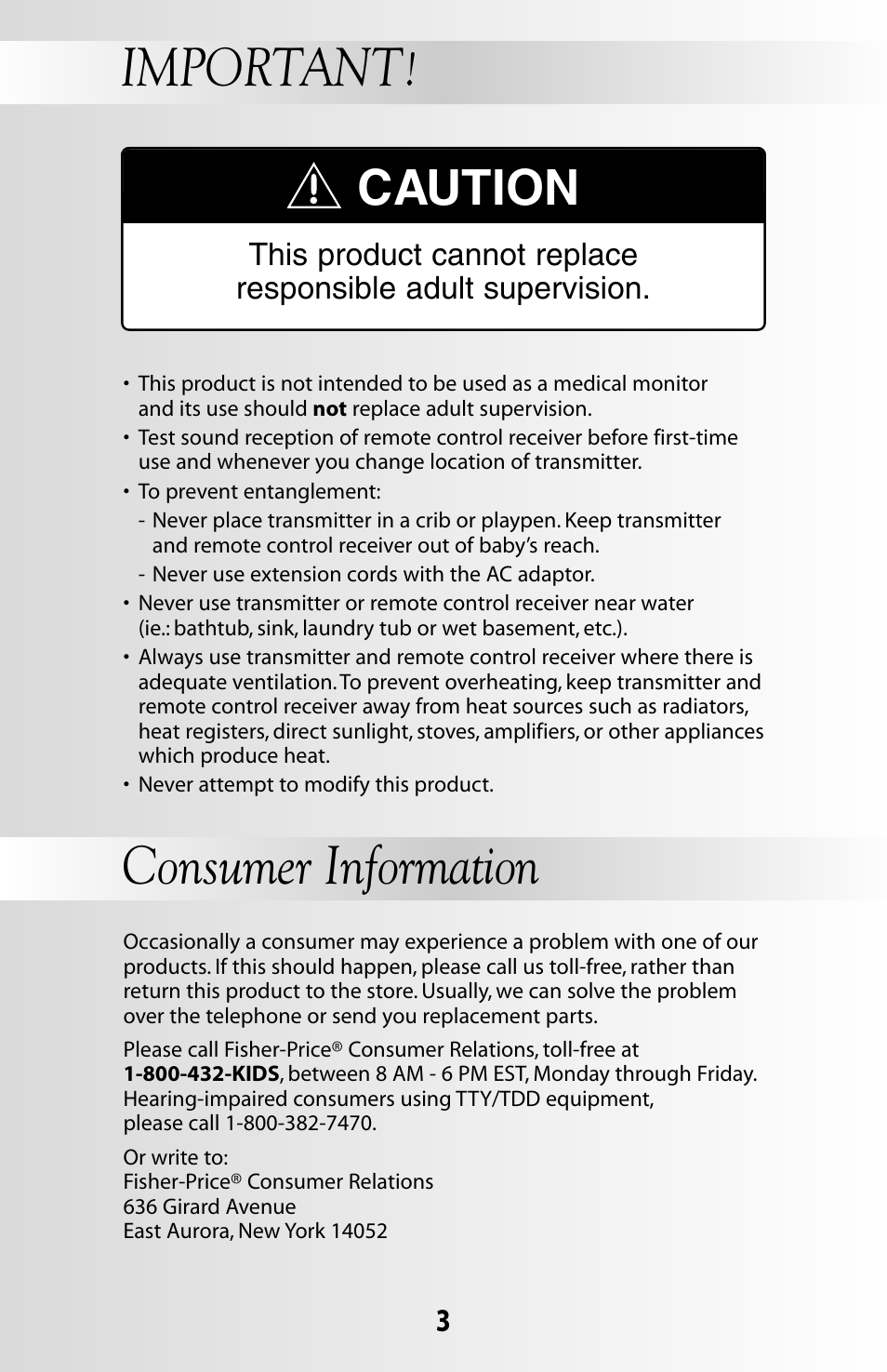 Important, Consumer information, Caution | Fisher-Price SOOTHING DREAMS 71597 User Manual | Page 3 / 20
