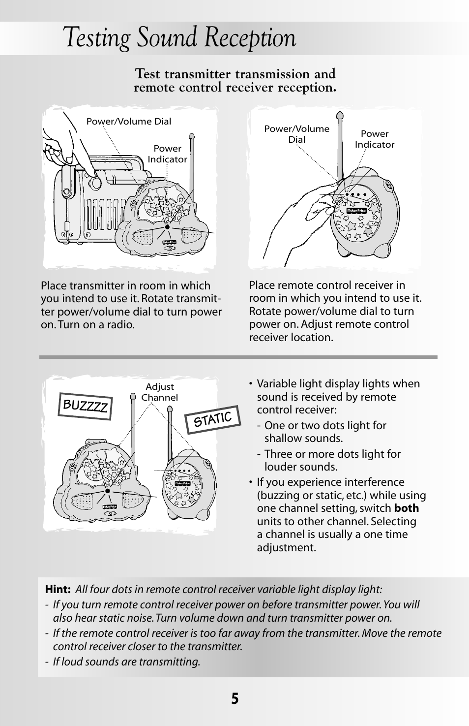 Testing sound reception | Fisher-Price SOOTHING DREAMS 71597 User Manual | Page 5 / 20