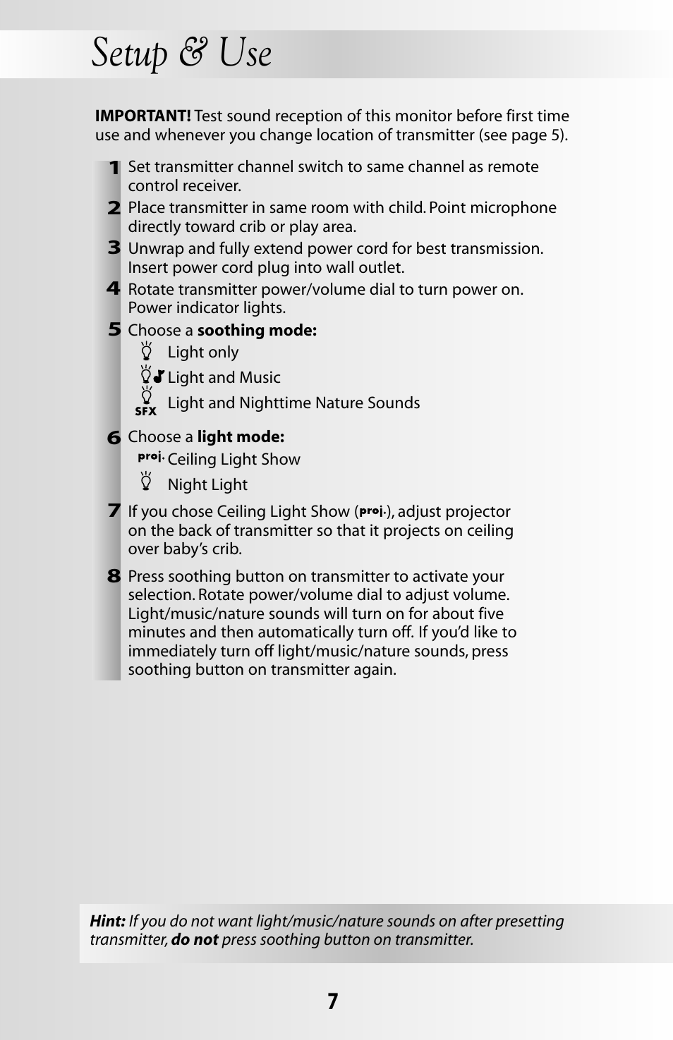 Setup & use | Fisher-Price SOOTHING DREAMS 71597 User Manual | Page 7 / 20