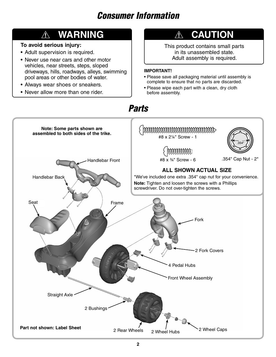 Warning, Caution, Consumer information | Parts | Fisher-Price KAWASAKI N6021 User Manual | Page 2 / 6