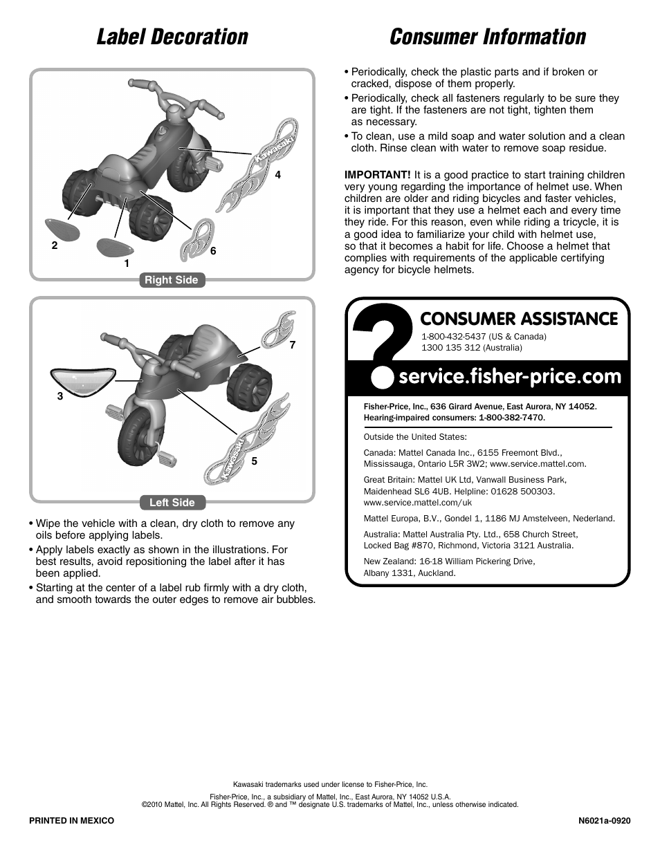 Label decoration, Consumer information, Consumer assistance | Fisher-Price KAWASAKI N6021 User Manual | Page 5 / 6