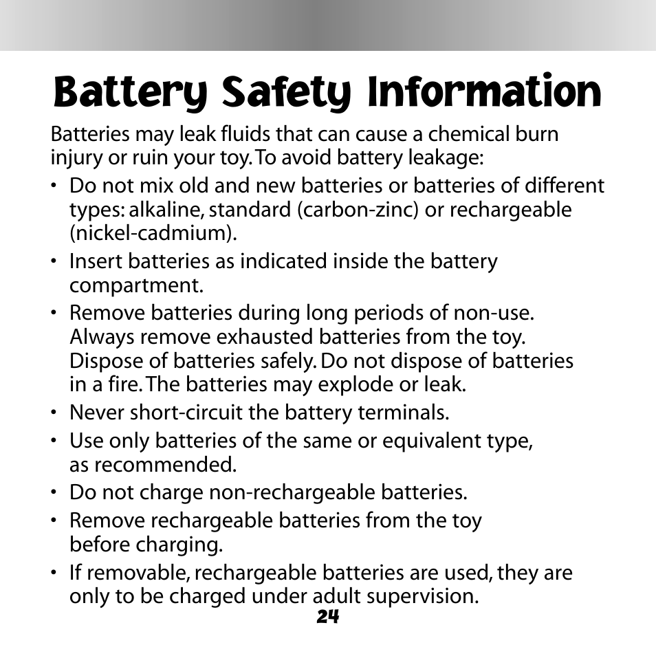 Battery safety information | Fisher-Price DIGITAL PETS C6506 User Manual | Page 24 / 28