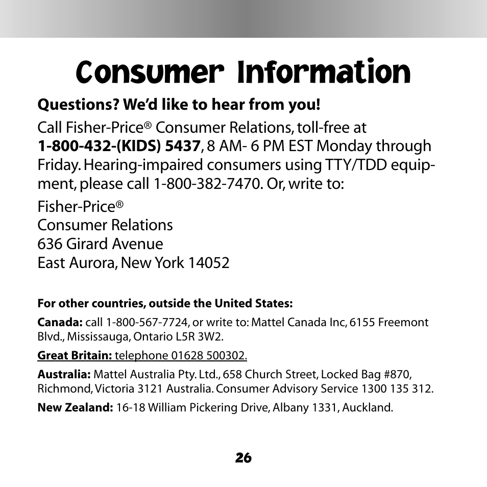 Consumer information | Fisher-Price DIGITAL PETS C6506 User Manual | Page 26 / 28