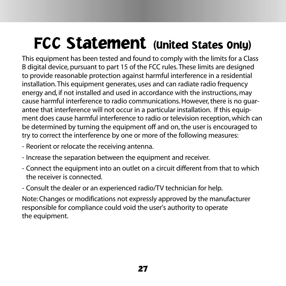 Fcc statement, United states only) | Fisher-Price DIGITAL PETS C6506 User Manual | Page 27 / 28