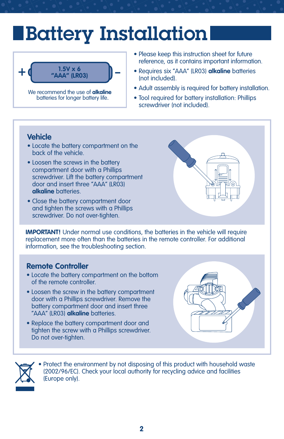 Battery installation | Fisher-Price GEOTRAX L5912 User Manual | Page 2 / 6