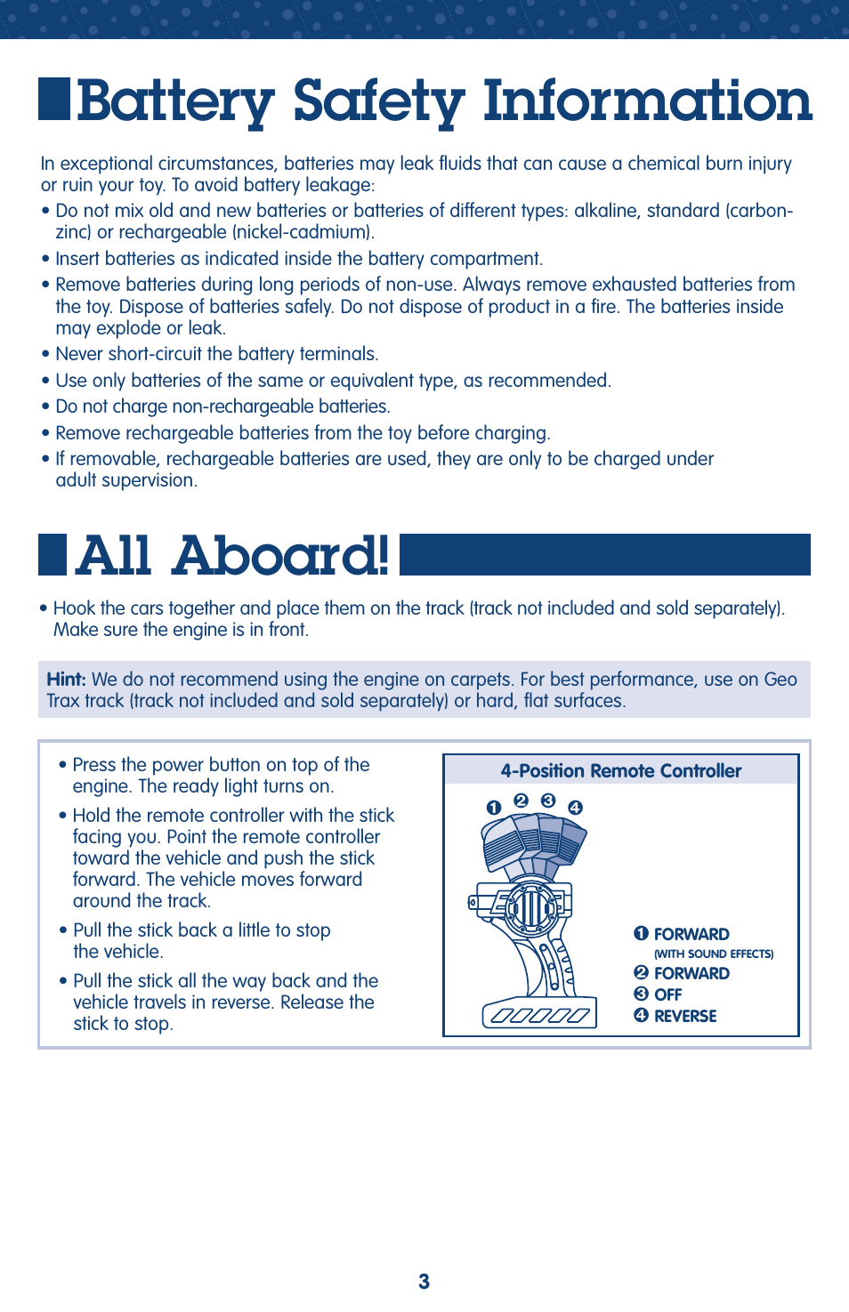 Battery safety information, All aboard | Fisher-Price GEOTRAX L5912 User Manual | Page 3 / 6