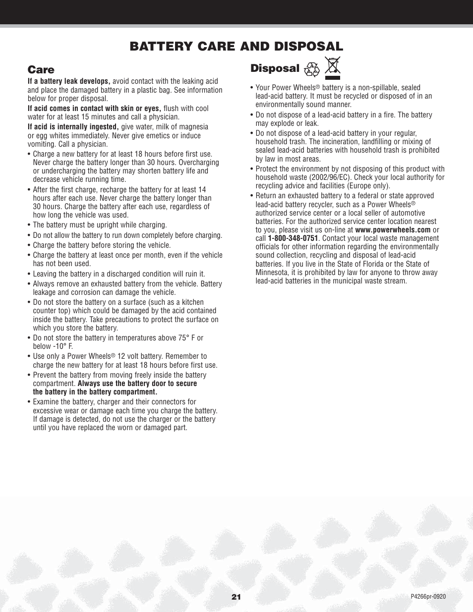 Battery care and disposal, Care, Disposal | Fisher-Price P4266 User Manual | Page 21 / 28