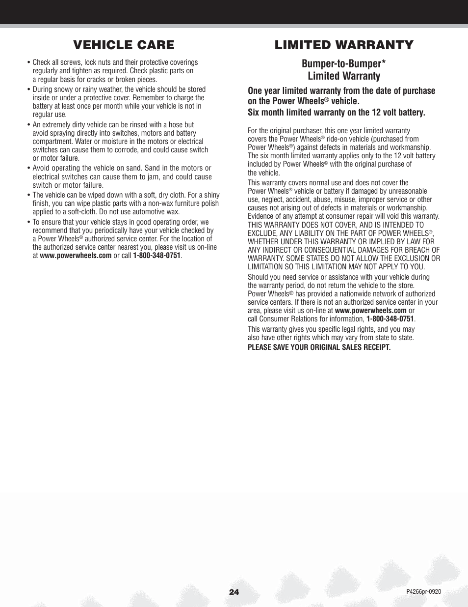 Vehicle care limited warranty, Bumper-to-bumper* limited warranty | Fisher-Price P4266 User Manual | Page 24 / 28
