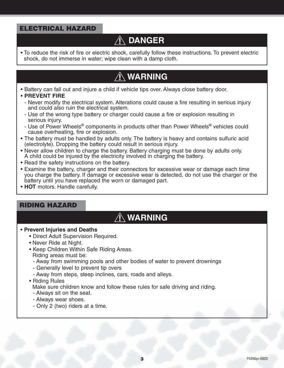 Danger warning warning | Fisher-Price P4266 User Manual | Page 3 / 28