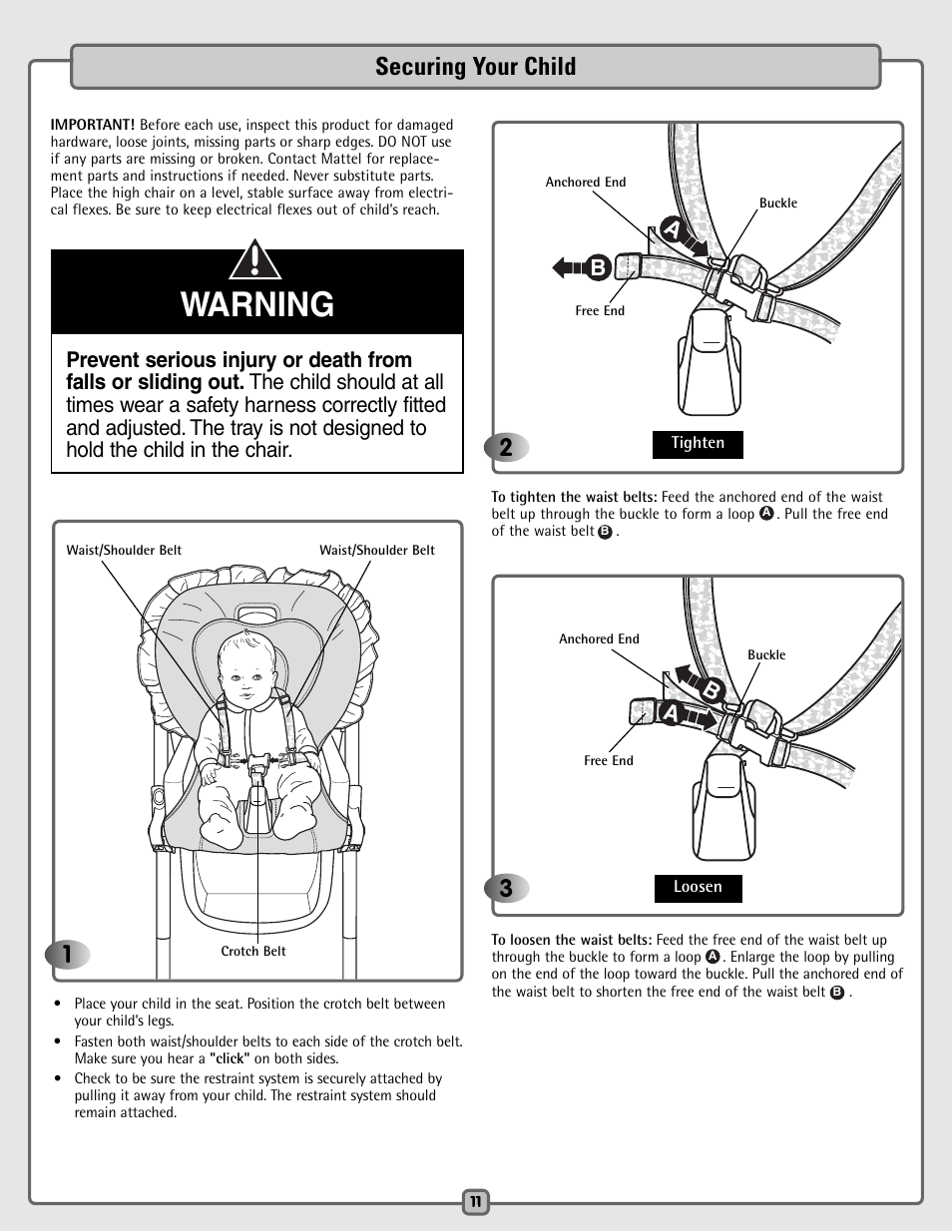 Warning, Securing your child | Fisher-Price H4790 User Manual | Page 11 / 16