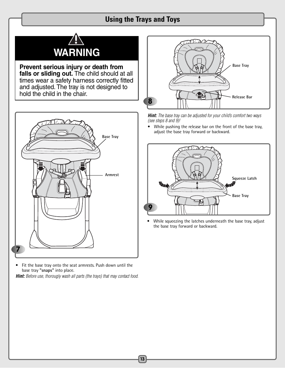 Warning, Using the trays and toys 8 | Fisher-Price H4790 User Manual | Page 13 / 16