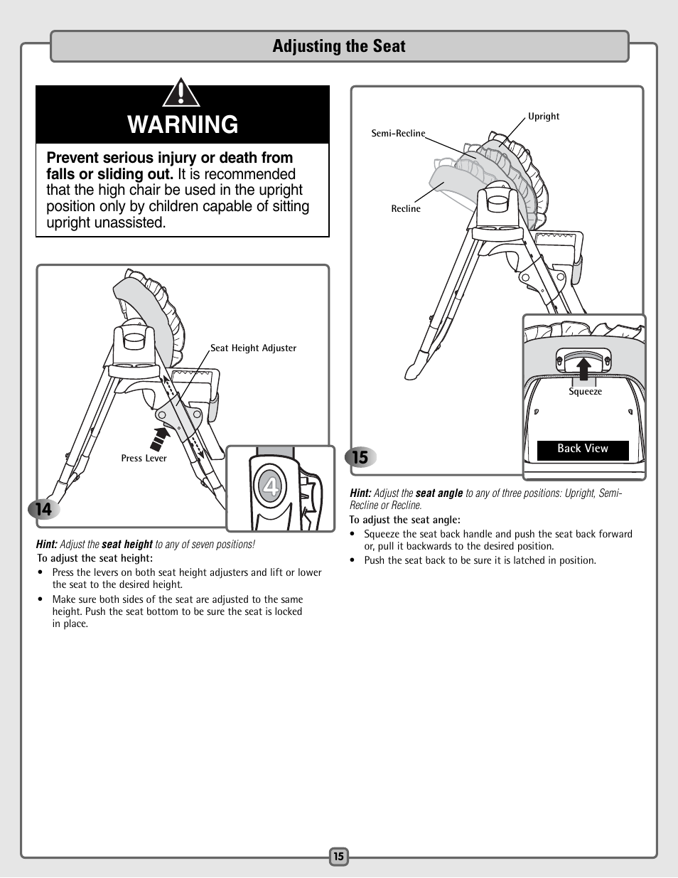 Warning, Adjusting the seat | Fisher-Price H4790 User Manual | Page 15 / 16
