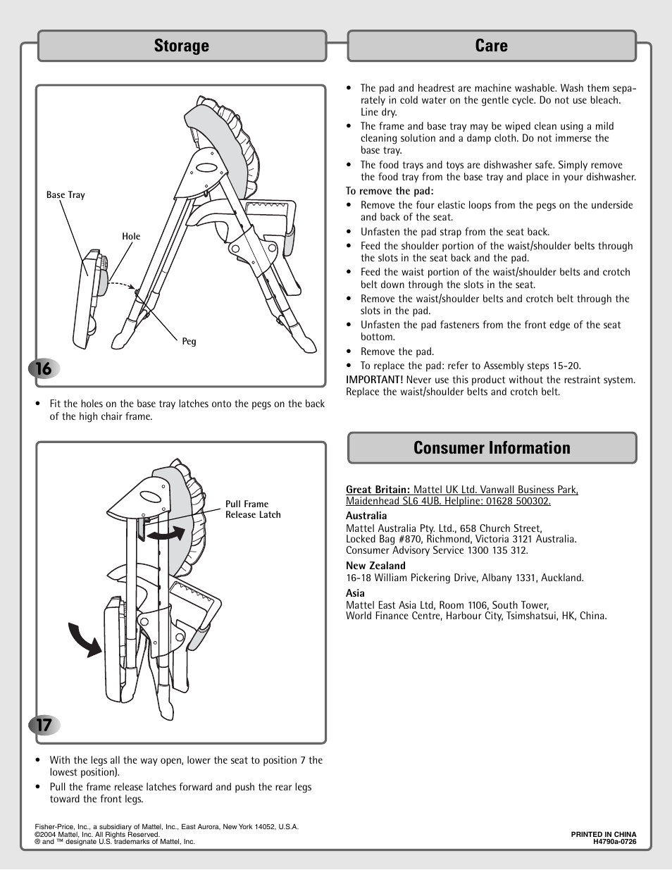 Storage 16, Care consumer information | Fisher-Price H4790 User Manual | Page 16 / 16