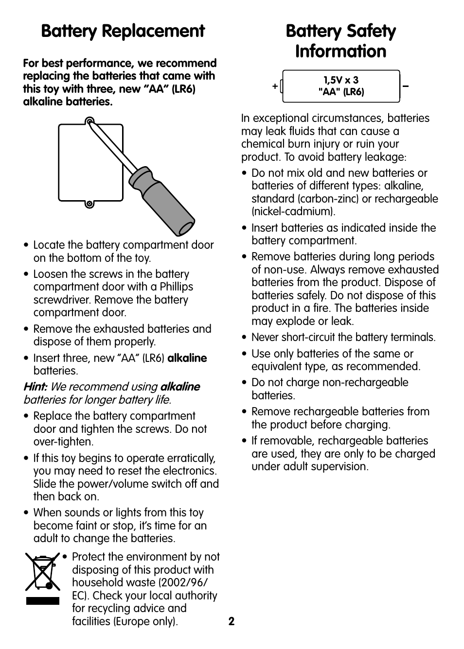 Battery replacement, Battery safety information | Fisher-Price V2770 User Manual | Page 2 / 4