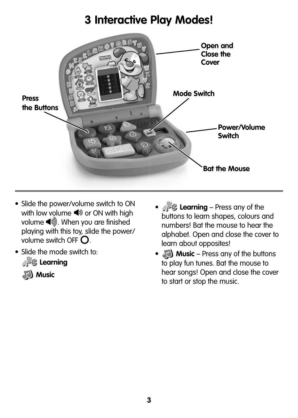 3 interactive play modes! y | Fisher-Price V2770 User Manual | Page 3 / 4