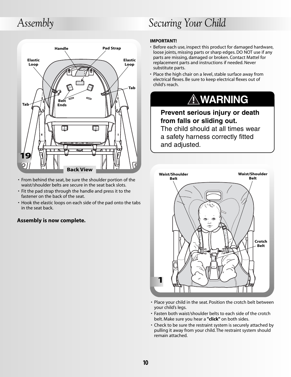 Assembly, Securing your child, Warning | Fisher-Price B8866 User Manual | Page 10 / 16