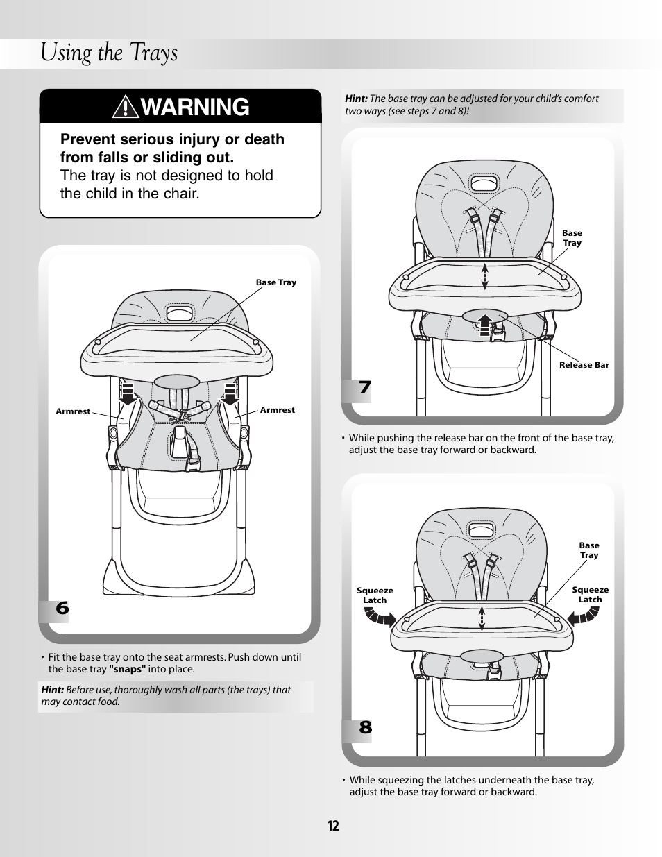 Using the trays, Warning | Fisher-Price B8866 User Manual | Page 12 / 16