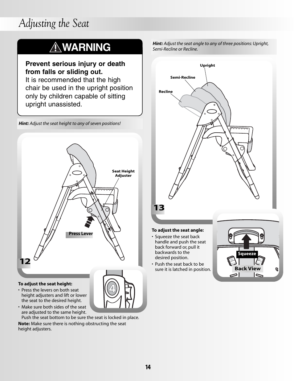 Adjusting the seat, Warning | Fisher-Price B8866 User Manual | Page 14 / 16