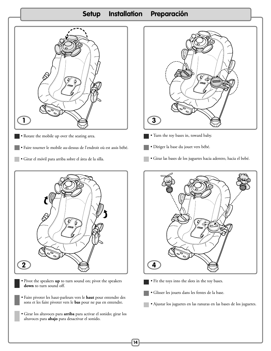 Setup installation preparación | Fisher-Price Baby Bouncer H9479 User Manual | Page 14 / 20