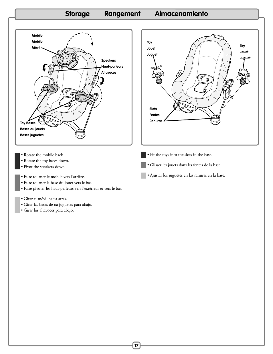 Storage rangement almacenamiento | Fisher-Price Baby Bouncer H9479 User Manual | Page 17 / 20