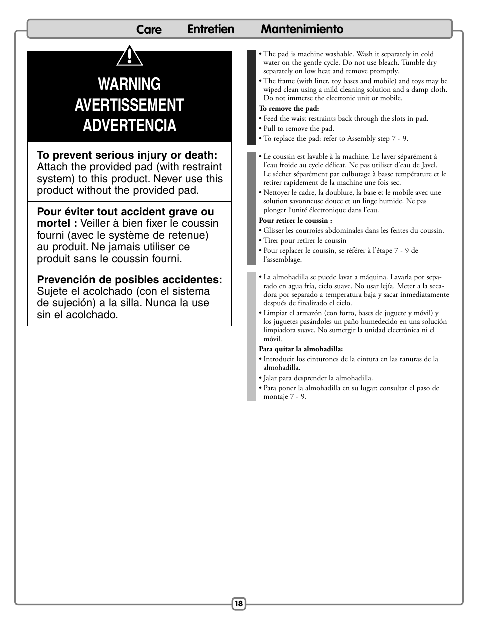 Warning avertissement advertencia, Care entretien mantenimiento | Fisher-Price Baby Bouncer H9479 User Manual | Page 18 / 20