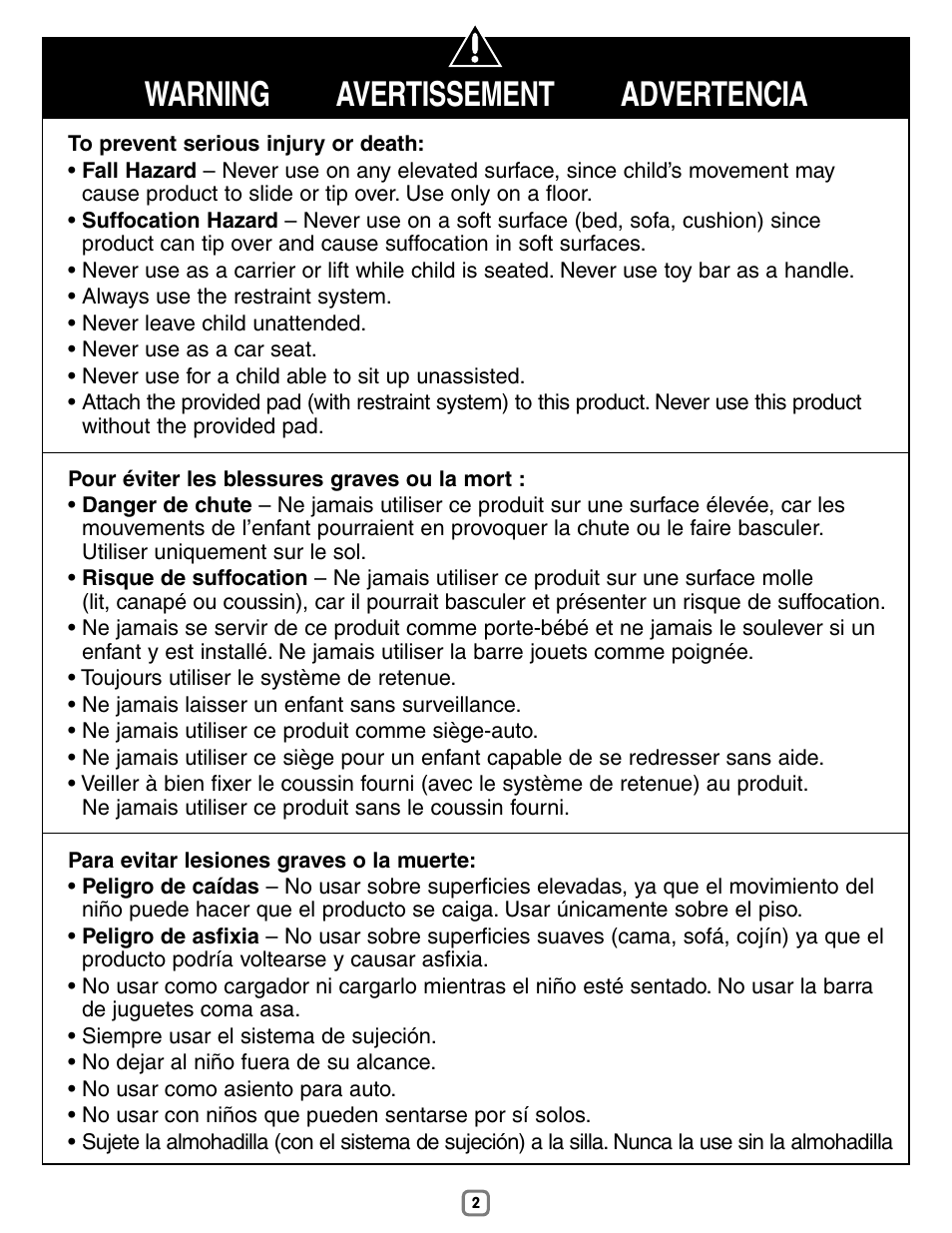 Warning avertissement advertencia | Fisher-Price Baby Bouncer H9479 User Manual | Page 2 / 20