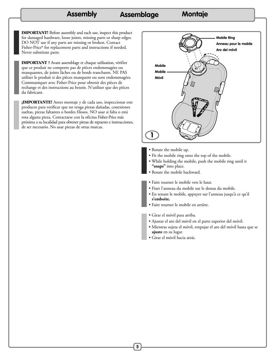 Assembly assemblage montaje | Fisher-Price Baby Bouncer H9479 User Manual | Page 5 / 20