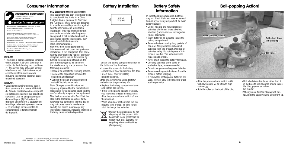 Battery installation, Ball-popping action, Battery safety information | Consumer information | Fisher-Price HEAD SPINNERTAIL W1392 User Manual | Page 2 / 2