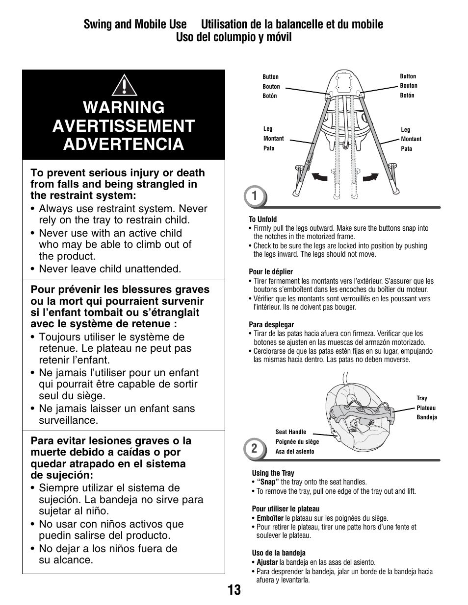 Warning avertissement advertencia | Fisher-Price P2255 User Manual | Page 13 / 20