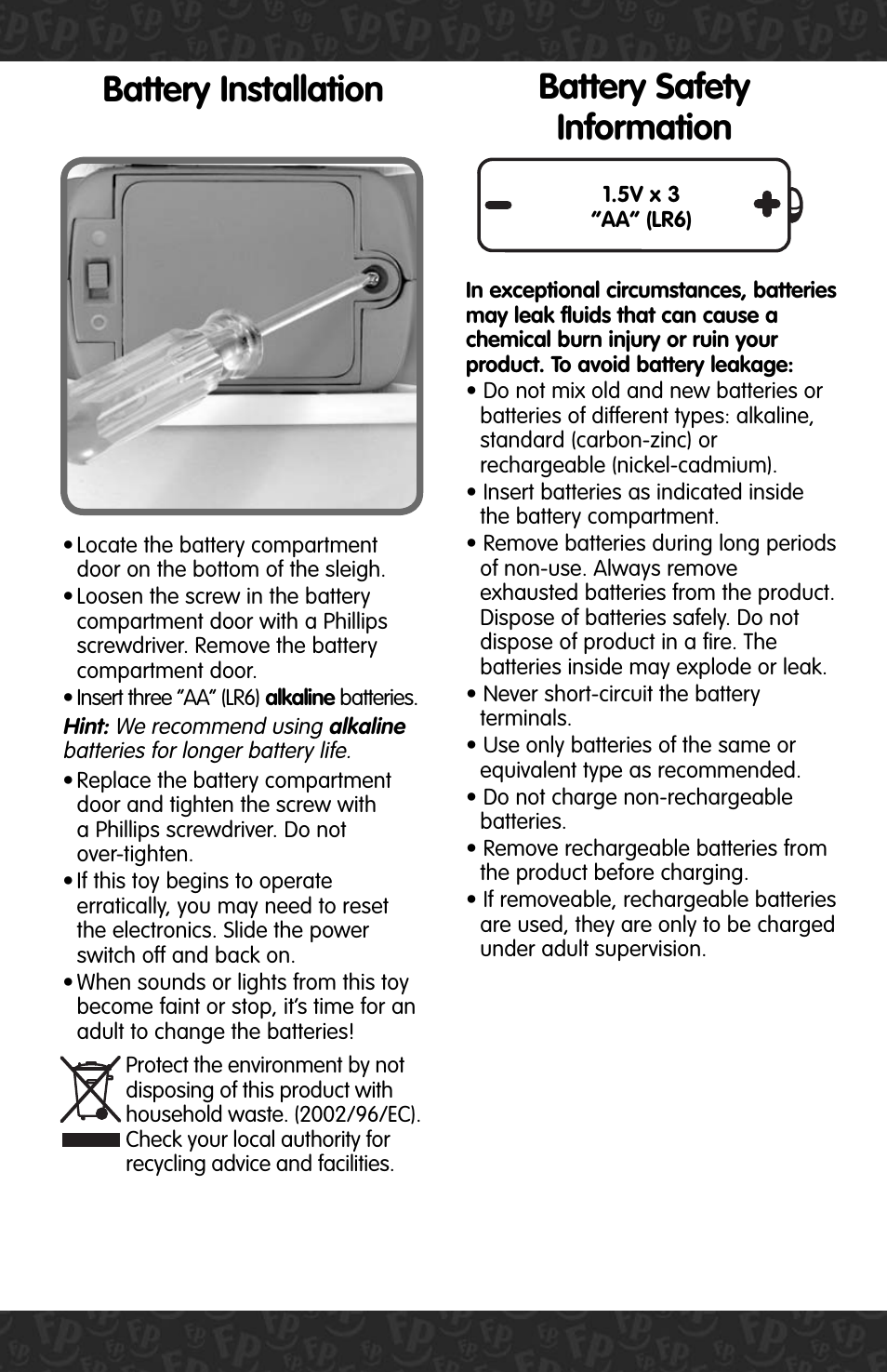 Battery installation, Battery safety information | Fisher-Price C5221 User Manual | Page 2 / 4