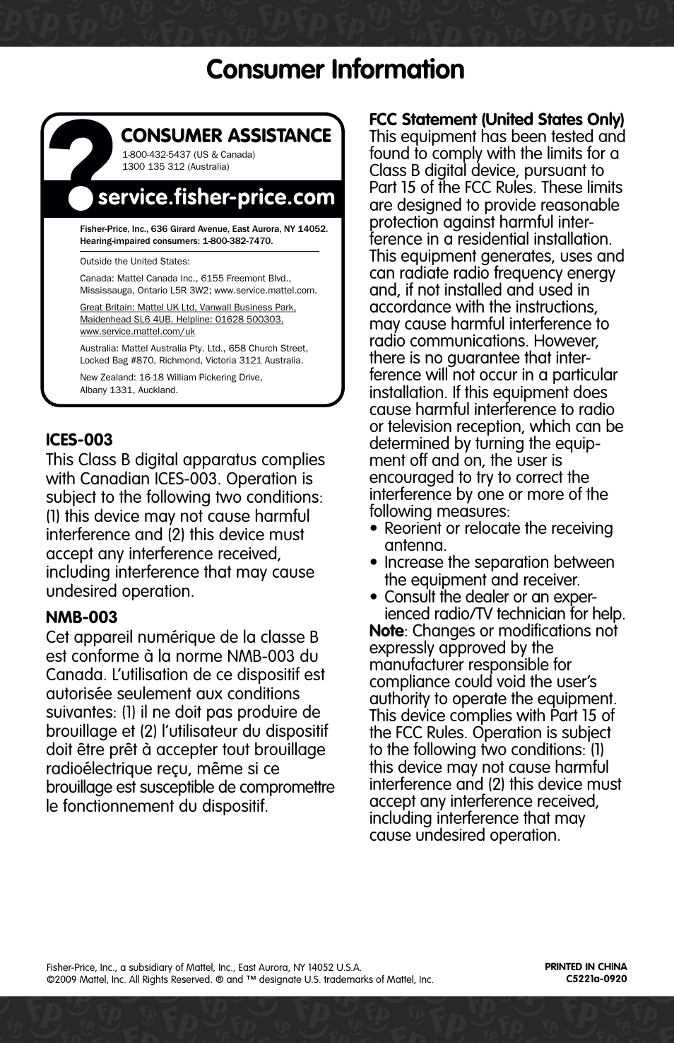 Consumer information, Consumer assistance | Fisher-Price C5221 User Manual | Page 4 / 4