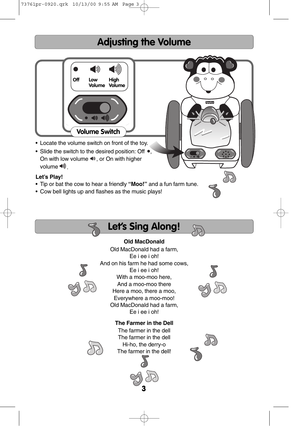 Adjusting the volume let’s sing along | Fisher-Price MOO'N VIEW COW 73761 User Manual | Page 3 / 4