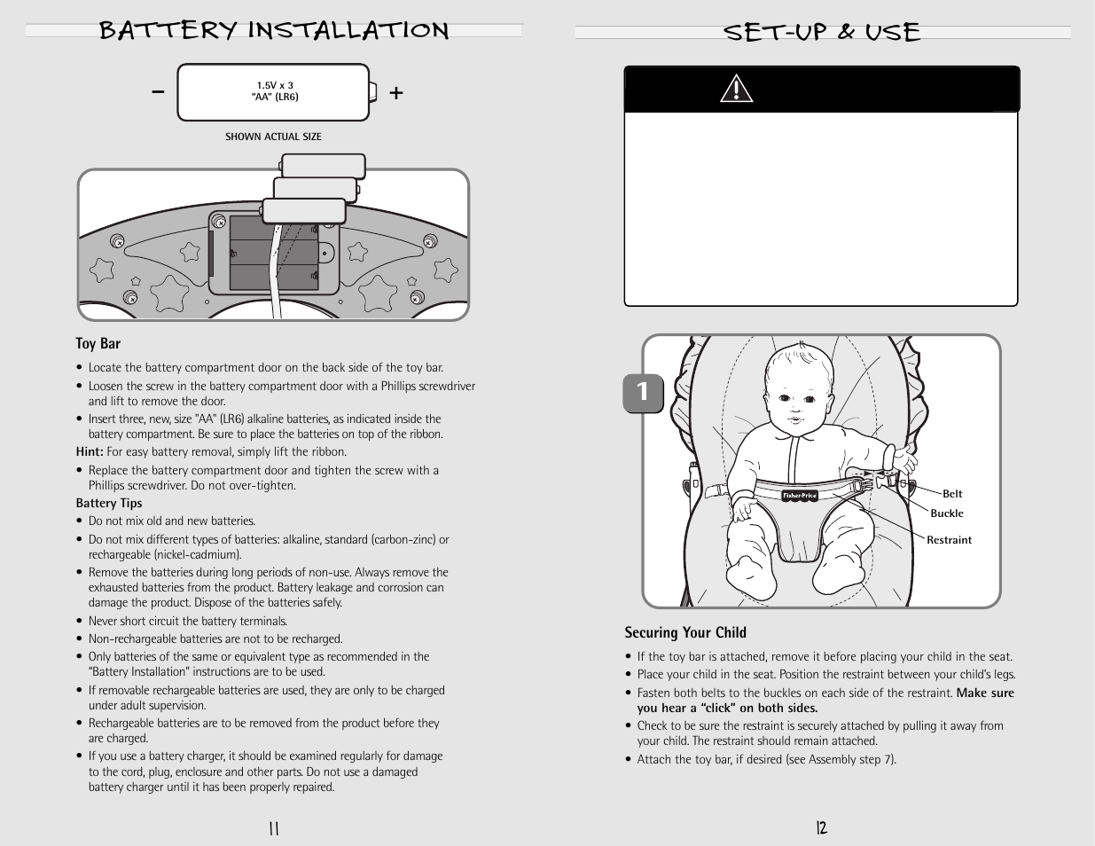 Warning, Set-up & use, Battery installation | Fisher-Price 79008 User Manual | Page 6 / 8