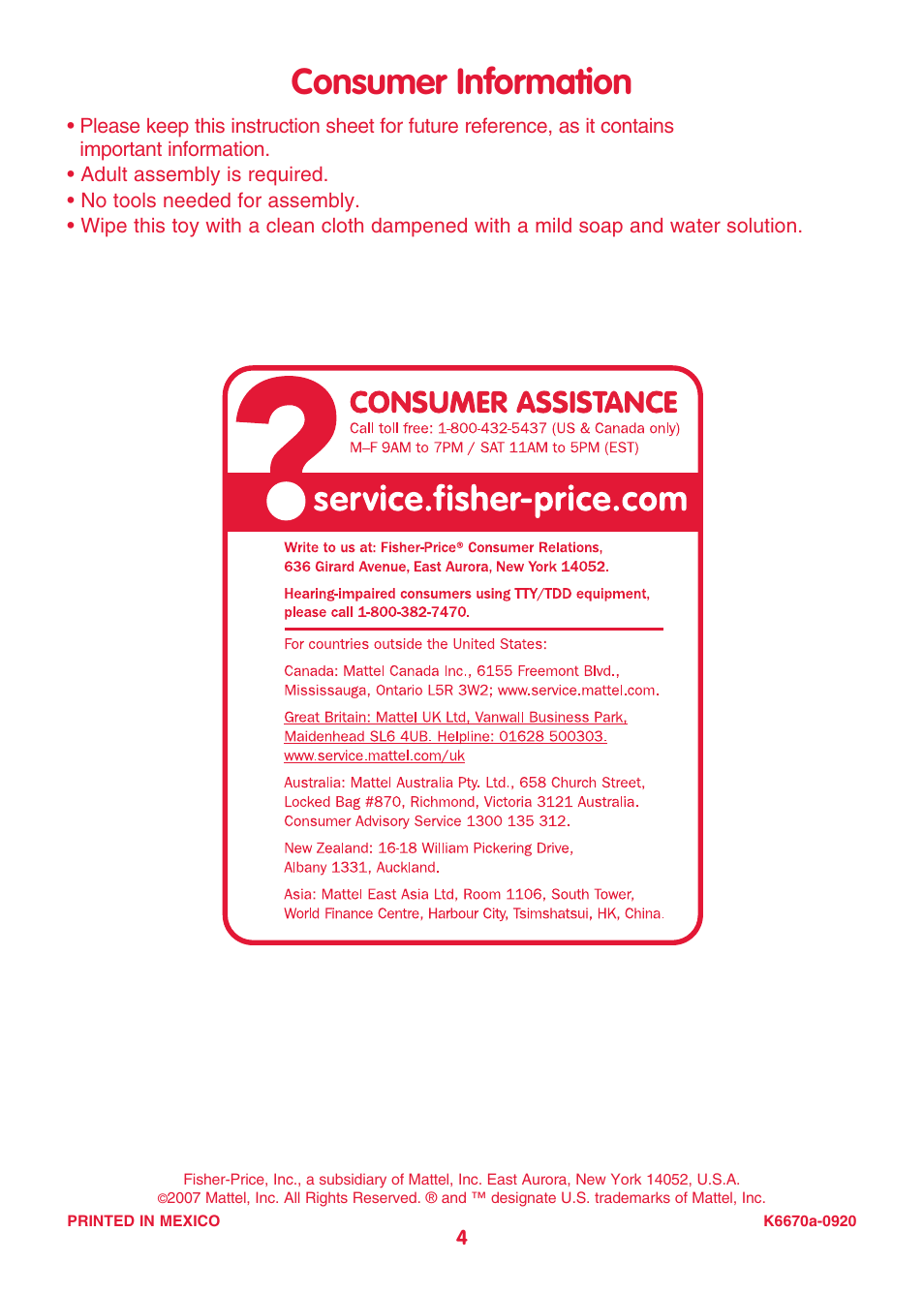 Consumer information | Fisher-Price BRILLIANT BASIC K6670 User Manual | Page 4 / 6