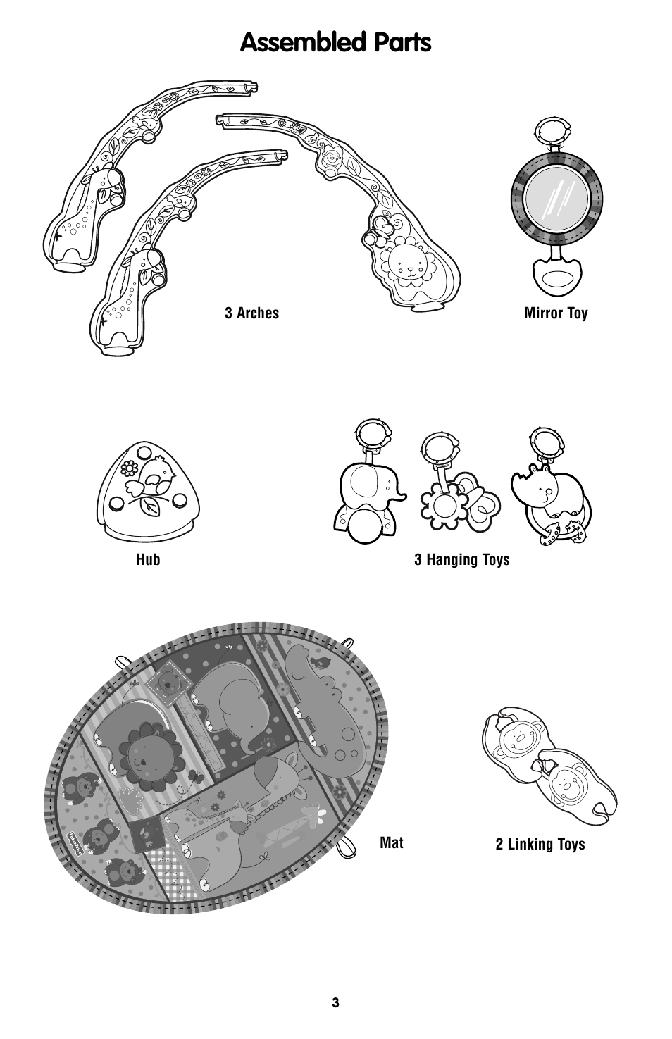 Assembled parts | Fisher-Price OVERHEAD GYM W0128 User Manual | Page 3 / 6