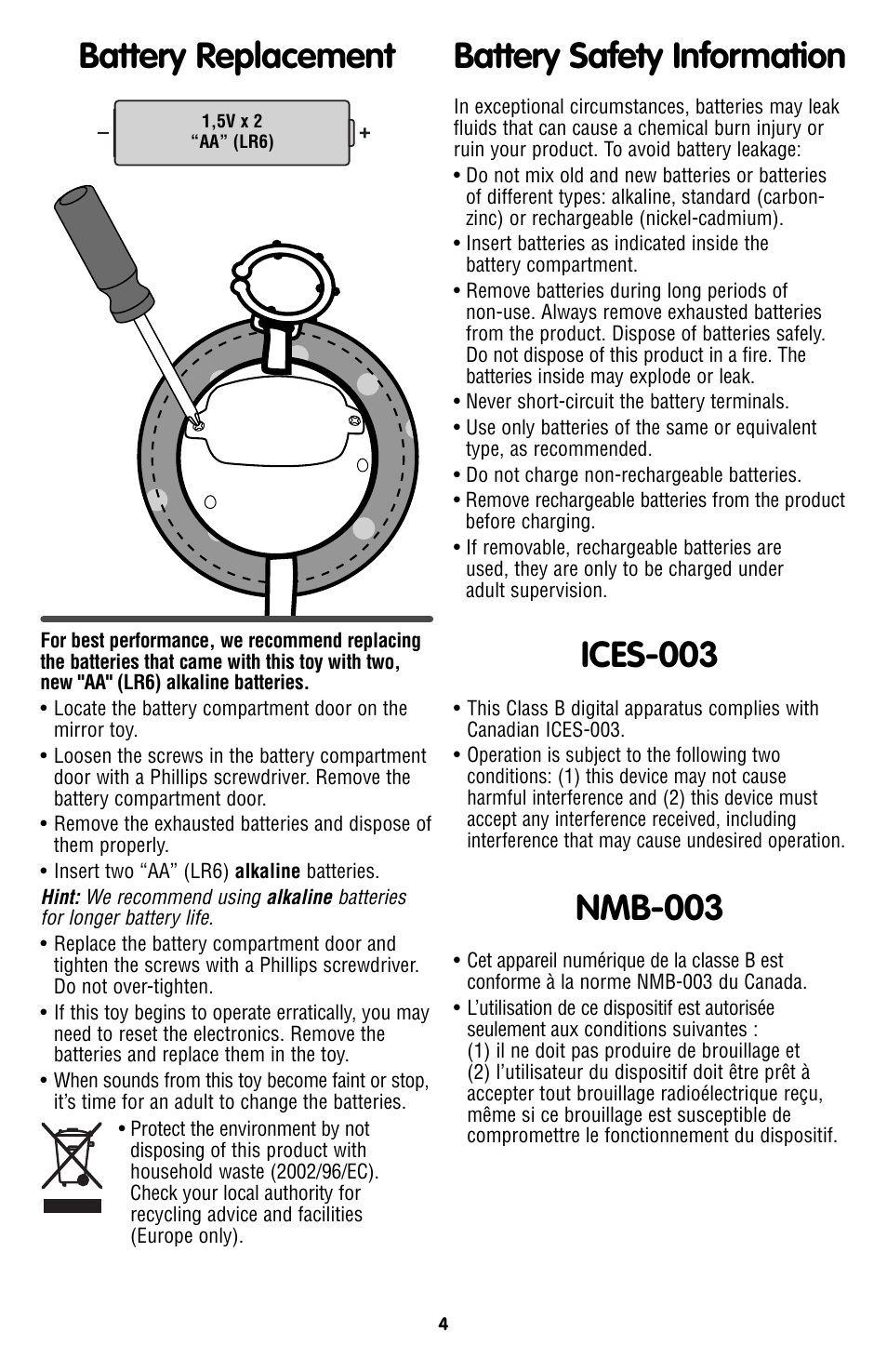 Battery safety information battery replacement, Ices-003, Nmb-003 | Fisher-Price OVERHEAD GYM W0128 User Manual | Page 4 / 6