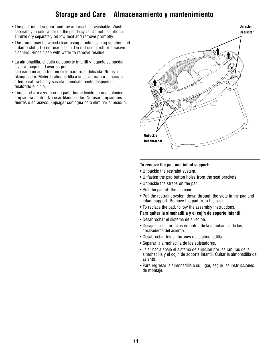 Storage and care almacenamiento y mantenimiento | Fisher-Price W9443 User Manual | Page 11 / 12