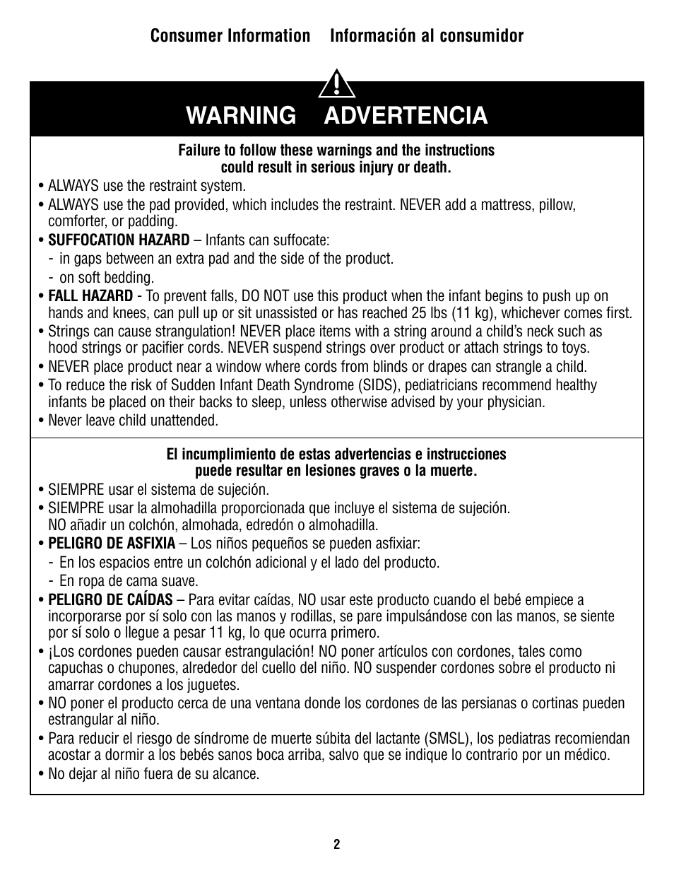 Warning advertencia | Fisher-Price W9443 User Manual | Page 2 / 12