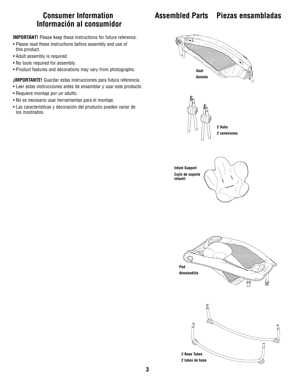 Consumer information información al consumidor, Assembled parts piezas ensambladas | Fisher-Price W9443 User Manual | Page 3 / 12